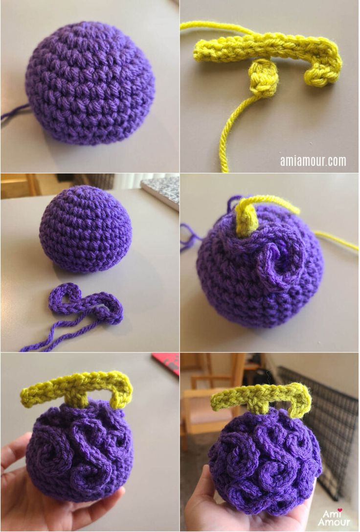 the steps to crochet an ornament in purple and yellow, including yarn