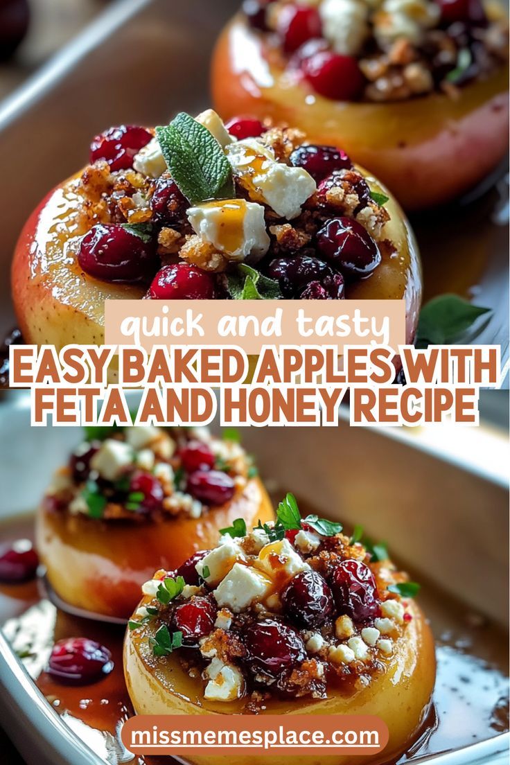 Elevate your dessert game with this Easy Baked Apples with Feta and Honey Recipe! Juicy apples are stuffed with tangy feta cheese, sweet honey, and chewy cranberries, creating a mouthwatering combination of flavors. This versatile dish can be served warm as a dessert or chilled as a healthy snack. Perfect for fall gatherings or holiday feasts, these baked apples are sure to be a crowd-pleaser. Follow our simple steps to enjoy this delightful treat that’s both satisfying and nutritious! Baked Stuffed Apples Recipe, Baked Apples With Red Hots, Baked Apple Side Dish, Apple Cranberry Recipes, Stuffed Apples Baked, Apple Side Dish Recipes, Feta And Honey, Feta Honey, Easy Baked Apples