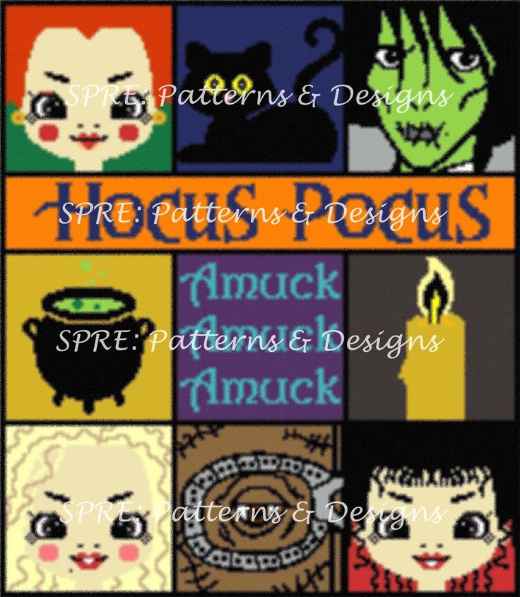 cross stitch pattern with the words hocpspots and pictures of witches in different colors