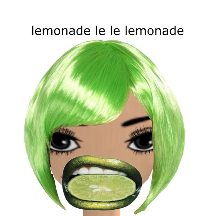 a woman with green hair and a lime slice in her mouth is looking at the camera