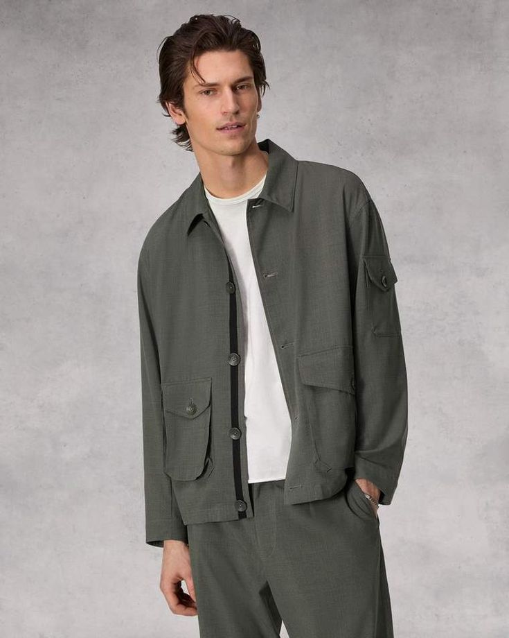 The Cade. Outfitted with utilitarian flap pockets, our jacket is perfectly oversized and crafted in a Japanese tropical wool. Featuring adjustable details for a personalized fit. Dusty Green XXL Oversized Utility Jacket With Cargo Pockets, Oversized Khaki Utility Jacket With Multiple Pockets, Oversized Utility Jacket With Side Pockets, Relaxed Fit Button-up Outerwear With Cargo Pockets, Oversized Khaki Shacket With Flap Pockets, Khaki Workwear Shacket With Multiple Pockets, Khaki Shacket With Multiple Pockets For Work, Unstructured Collared Utility Jacket For Spring, Relaxed Fit Spring Shacket With Multiple Pockets