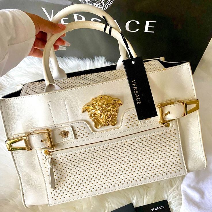 Beautiful Versace Gold And Off White Medusa Studded Bag New With Tag Cards Dust Bag Included , Shopping Bag Included 2015 Versace Fall Winter High-end White Bags With Detachable Handle, High-end White Shoulder Bag With Detachable Handle, High-end White Shoulder Bag For Shopping, Luxury Cream Bag With Branded Hardware, Luxury Cream Bags With Branded Hardware, High-end White Bags With Branded Hardware, White Luxury Everyday Bags With Handles, White Luxury Everyday Bag With Handles, White Everyday Luxury Bags With Handles