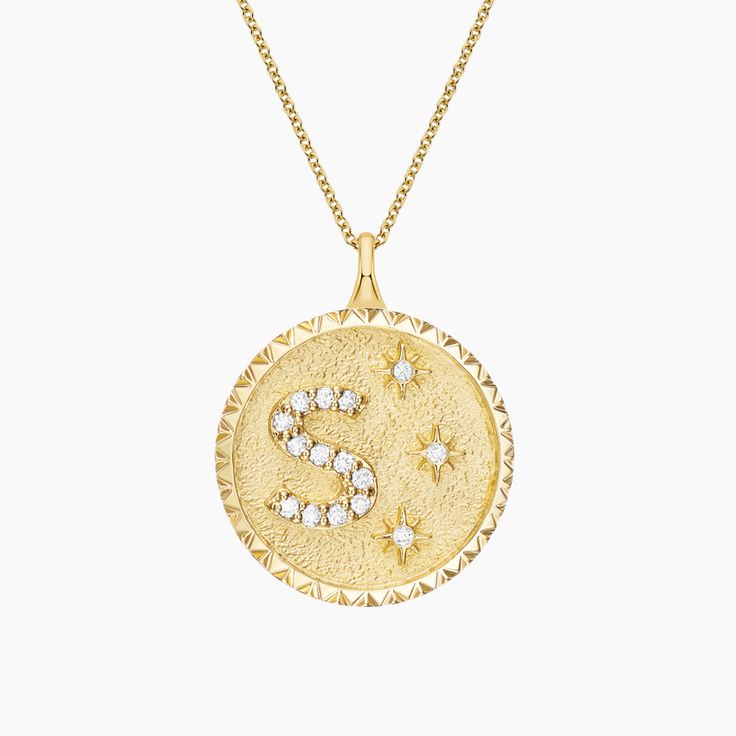 Pavé Initial 18 in. Diamond Medallion - 14K Yellow Gold. Personalize this diamond-adorned medallion with an initial and select a chain length of your choice for a custom, one-of-a-kind look.   Sol is a collection that invites you to embrace your inner light. By capturing the symbolism of the sun, it encourages the celebration of love, authenticity, and gratitude.   As each personalized necklace is a one-of-a-kind creation, all sales are final and cannot be returned or exchanged. Each unique, dia Diamond Pendants Designs, Zodiac Sagittarius, Letter Necklace, Pendant Design, Gems Jewelry, Personalized Necklace, Diamond Pendant, Pendant Jewelry, Amazing Jewelry