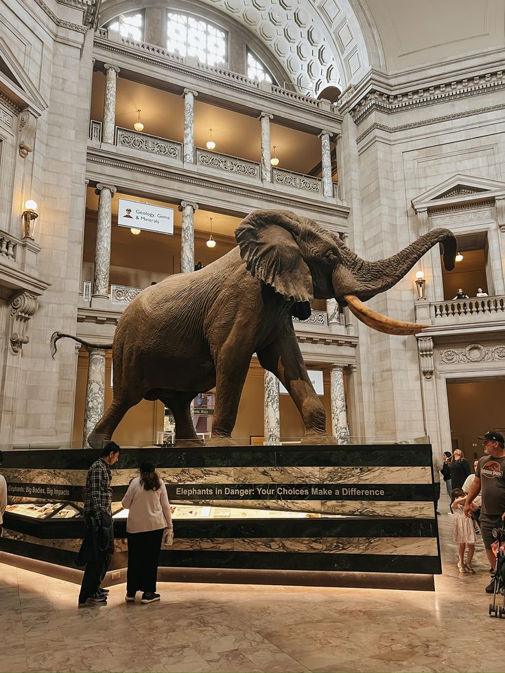 an elephant statue in the middle of a building with people standing around and looking at it