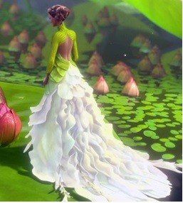 a woman in a white and green dress is standing on some water lilies with her back to the camera