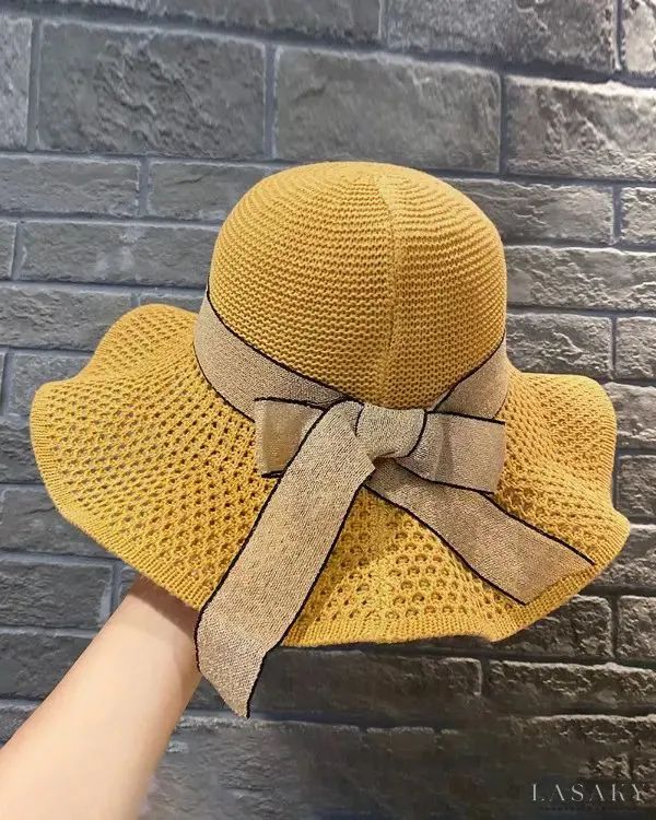 Lasaky - Bowknot Decor Woven Bucket Hat Adjustable Casual Straw Hat One Size, Adjustable Casual Straw Hat, Casual Woven One Size Hat, Casual Pre-tied Sun Hat For Vacation, Trendy Adjustable Woven Hats, Casual Straw Hat With Bow, Yellow Knitted Beach Hat, Casual Knitted Wide Brim Sun Hat, Casual Adjustable Gold Sun Hat