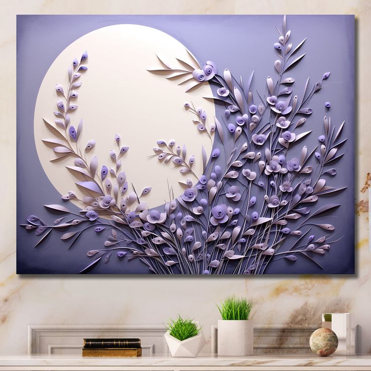 a painting with purple flowers on it in front of a white wall