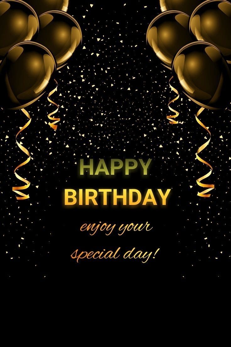 happy birthday card with gold balloons and streamers on black background for your special day