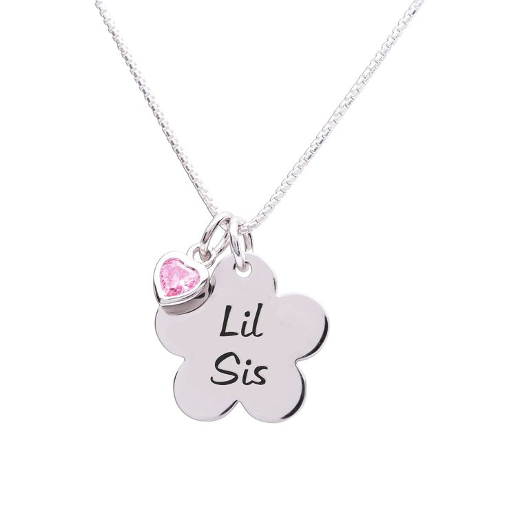 Sterling Silver Little Sister Daisy Necklace (BCN-Lil Sis-Daisy) Cute Flower Pendant Jewelry Gift, Cute Flower Pendant Jewelry For Gifts, Cute Flower-shaped Jewelry Gift, Cute Flower Jewelry For Gifts, Adjustable Flower Necklace For Birthday, Pink Flower Necklace For Birthday Gift, Personalized Pink Sterling Silver Charm Necklaces, Personalized Pink Sterling Silver Charm Necklace, Sterling Silver Charm Necklace With Flower For Mother's Day