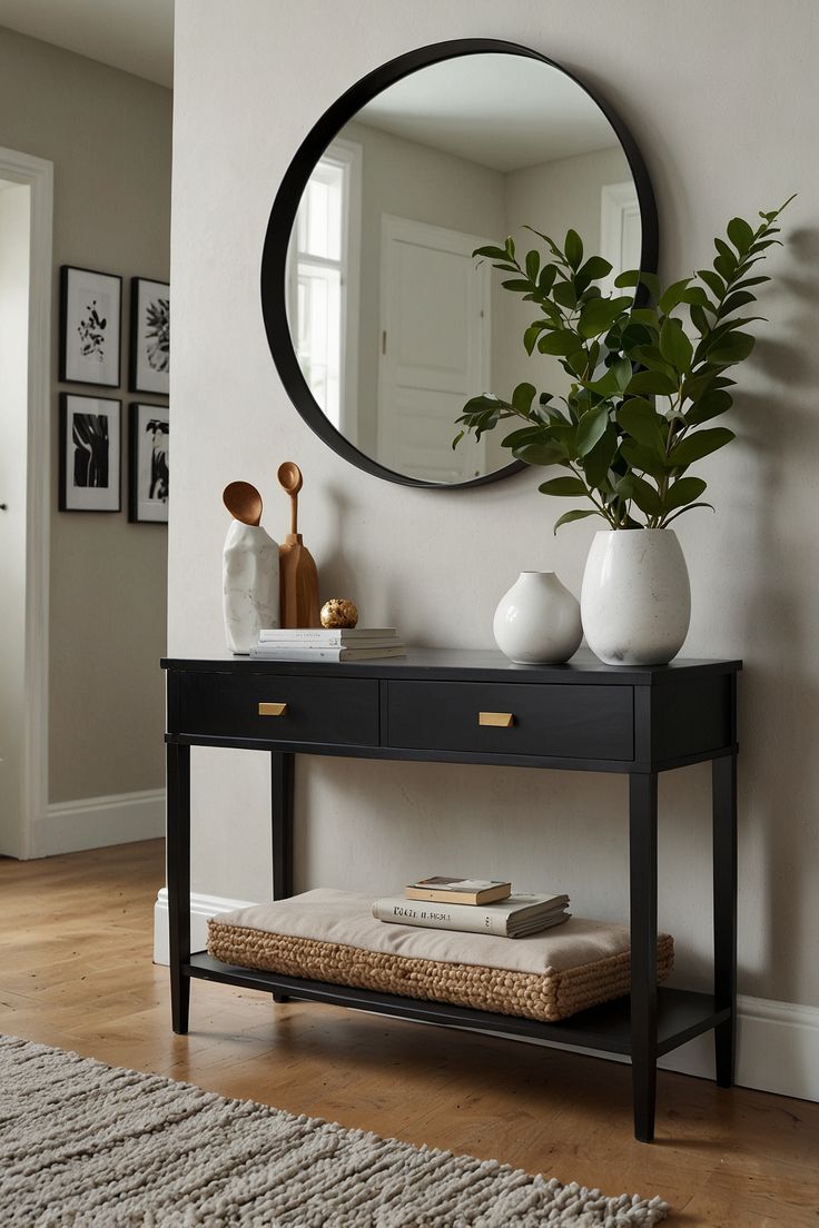 a black console table with a mirror and vases on it in front of a white wall