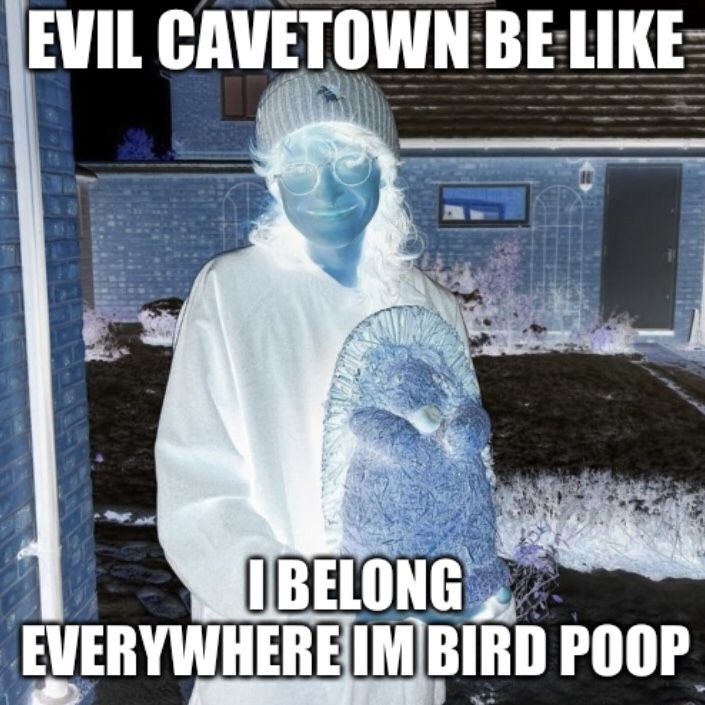 a man dressed in white holding a blue bird with caption that reads, evil cavetown be like i belong everywhere im bird po the pool