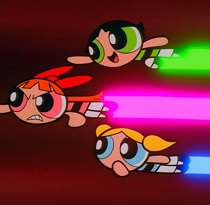 the powerpuff girls cartoon characters appear to be glowing