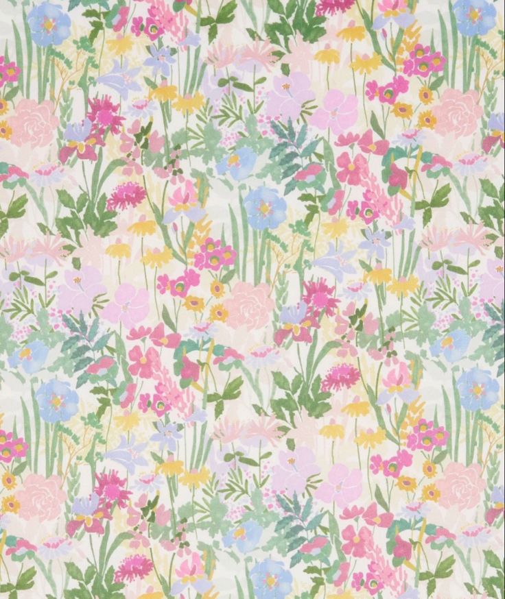 an image of a flowery pattern on a wallpapered surface in pink, blue, yellow and green colors