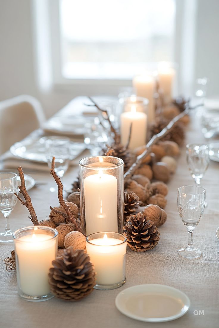 the table is set with candles and pine cones