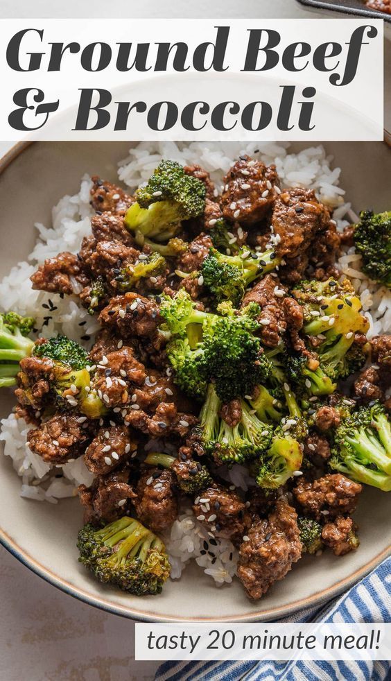 ground beef and broccoli served over rice in a bowl with a fork on the side