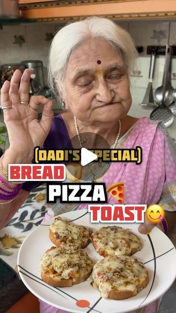 an old woman holding a plate with pizza on it and the caption reads dad's special bread pizza toast