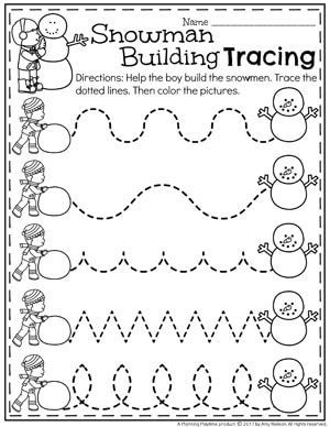 the snowman building tracing worksheet is shown in black and white