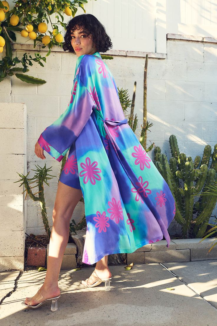 Tie-Dye Silk Robes for Women & Men | ROY G. Summer Kimono Sleeve Sleepwear, Summer Sleepwear With Kimono Sleeves, Bohemian Blue Sleepwear For Spring, Summer Sleepwear With Kimono Sleeves For Loungewear, Silk Sleepwear For Summer Lounging, Long Summer Robe For Sleep, Long Summer Sleep Robe, Spring Vacation Sleepwear With Kimono Sleeves, Long Sleeve Spring Kimono For Lounging