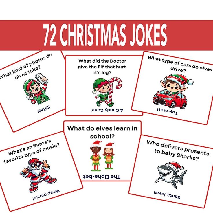 christmas joke cards with pictures of santa and other characters