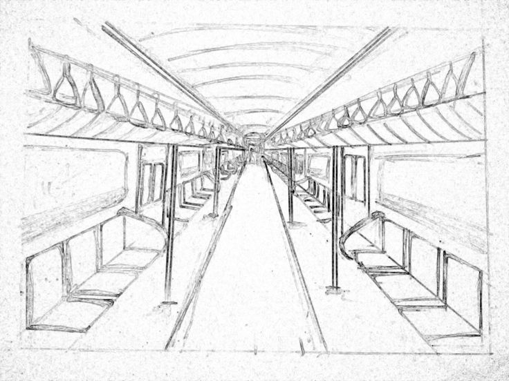 a pencil drawing of a subway car with seats and railings on the side, looking down