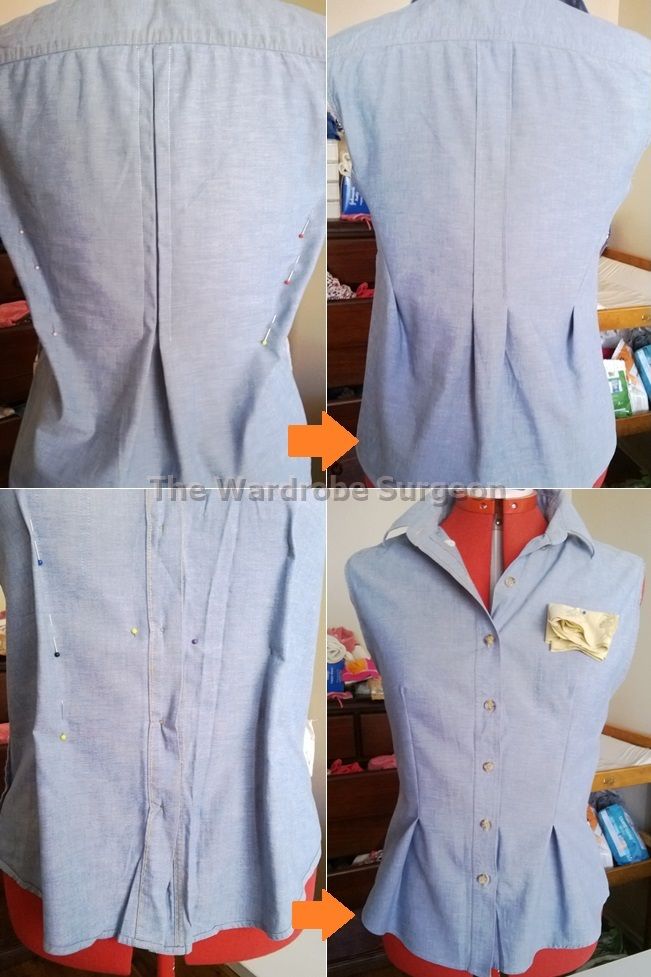 four images show how to sew a shirt with buttons on the front and back