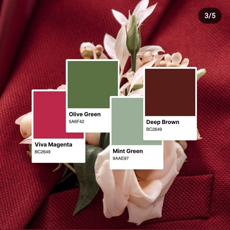 the color scheme is red, green, and brown with white flowers in it's center