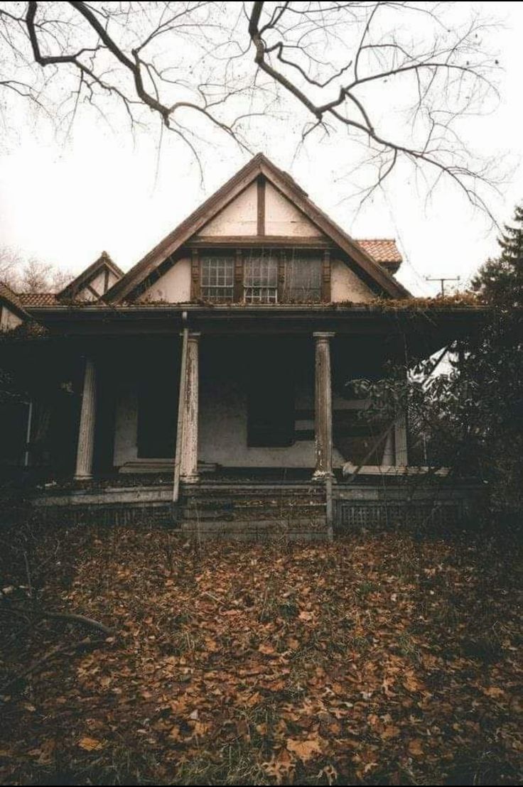 an old house in the fall with leaves on the ground