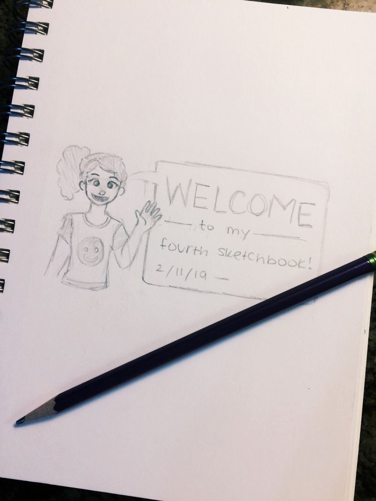 a notepad with a drawing of a woman holding a welcome sign