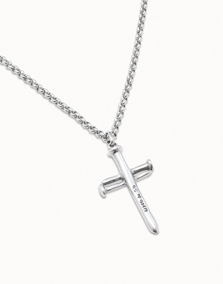 A large cross-shaped jewel for special occasions, made of silver-plated metal, with which you will become the center of all eyes. A way to transmit spirituality without giving up style, wearing this exclusive charm with your daily outfits. Do not hesitate to buy a charm made in Spain, 100% handcrafted and with the unmistakable design of UNOde50. Adjustable Sterling Silver Cross Pendant Jewelry, Adjustable Sterling Silver Cross Pendant, White Gold Cross Jewelry For Spiritual Style, Spiritual White Gold Cross Jewelry, Adjustable Sterling Silver Crucifix Necklace, Nickel-free Metal Cross Pendant Jewelry, Cross Necklace With Charms As Gift, Symbolic Sterling Silver Cross Necklace, Spiritual Sterling Silver Crucifix Jewelry