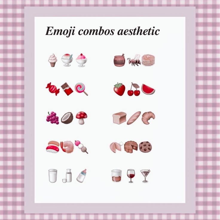 an image of some food and drinks on a tablecloth with the words emoji combos aesthetic