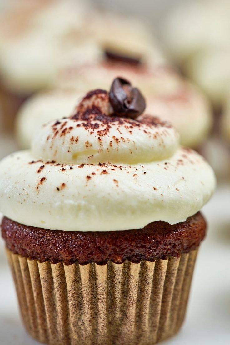 cupcakes with white frosting and chocolate chips on top