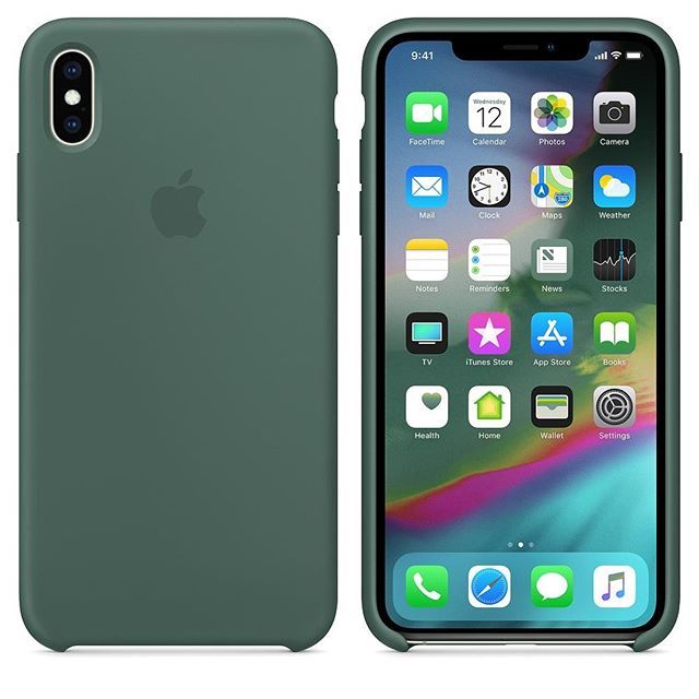 the back and side view of an iphone xr case in dark green, with various icons