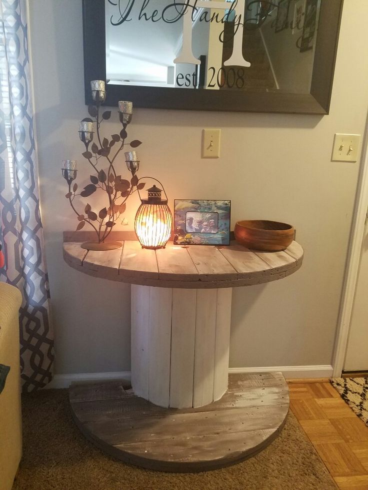 a round table with a candle on it in front of a mirror and framed artwork