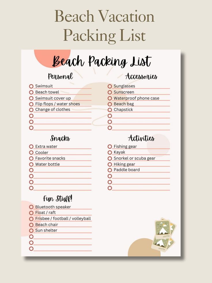 the beach vacation packing list is shown in pink and white with an orange polka dot design