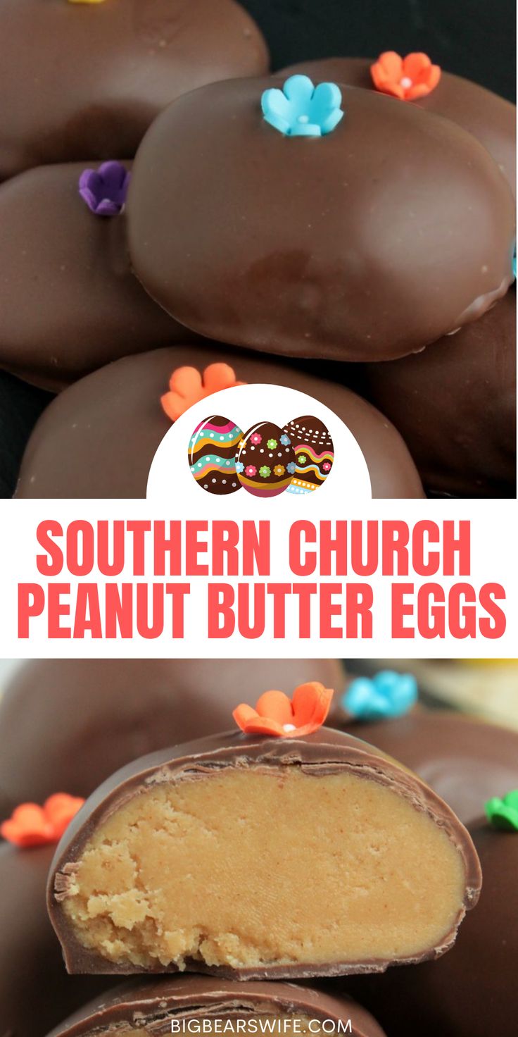 chocolate covered peanut butter eggs with the words southern church peanut butter eggs in front of them