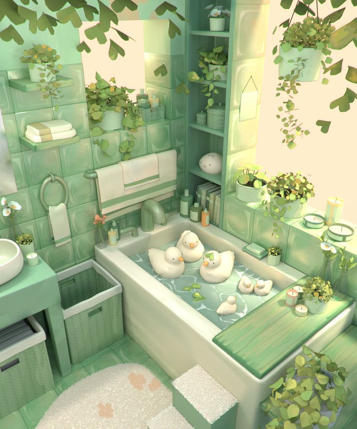 the bathroom is decorated in pastel green and has plants growing on the bathtub