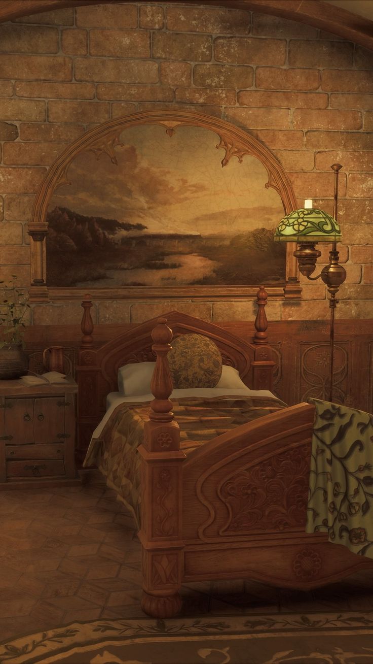 a bedroom with a large painting on the wall and a bed in front of it