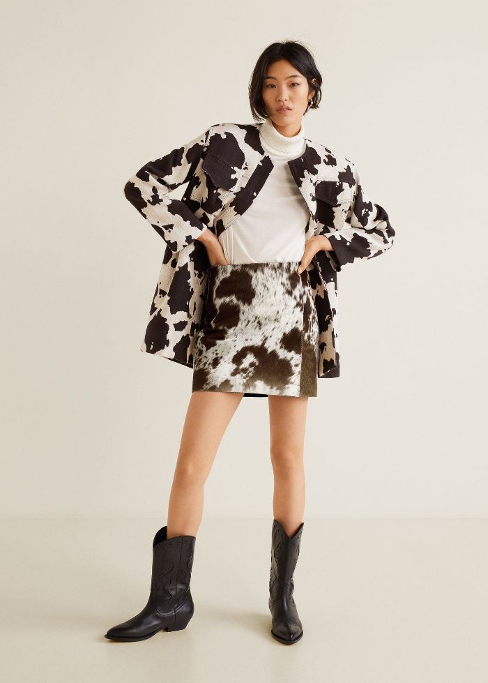 Mango Cow Print Jacket Leather Miniskirt, Mango Fashion, Print Trends, Leather Mini Skirts, Print Jacket, Western Outfits, Cow Print, Outfits Casuales, Black Friday