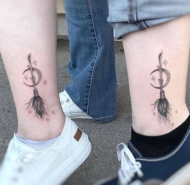 two people with matching tattoos on their legs