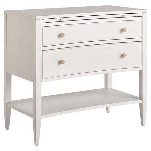 a white dresser with two drawers and one shelf on the bottom, against a white background