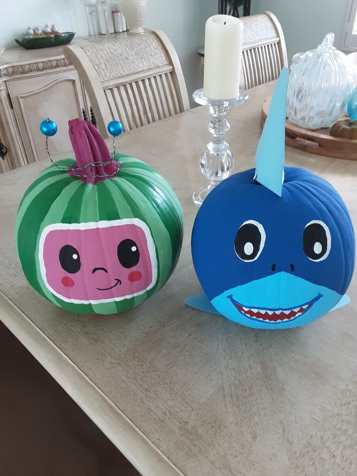 Painted these for two grandsons Spidey And Friends Pumpkin Painting, Pumpkin Painting Ideas For Classroom, Avocado Pumpkin Painting, Superhero Painted Pumpkins, Pumpkin Painting Ideas Kid Friendly, Pumpkin Painting Ideas Kindergarten, Baby Shark Pumpkin Painted, Cocomelon Pumpkin Painting, Shark Pumpkin Painted