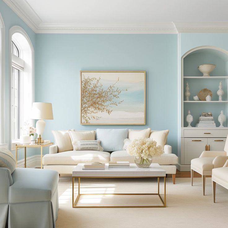 a living room with blue walls and white furniture