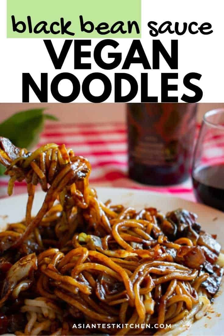 black bean sauce vegan noodles on a white plate