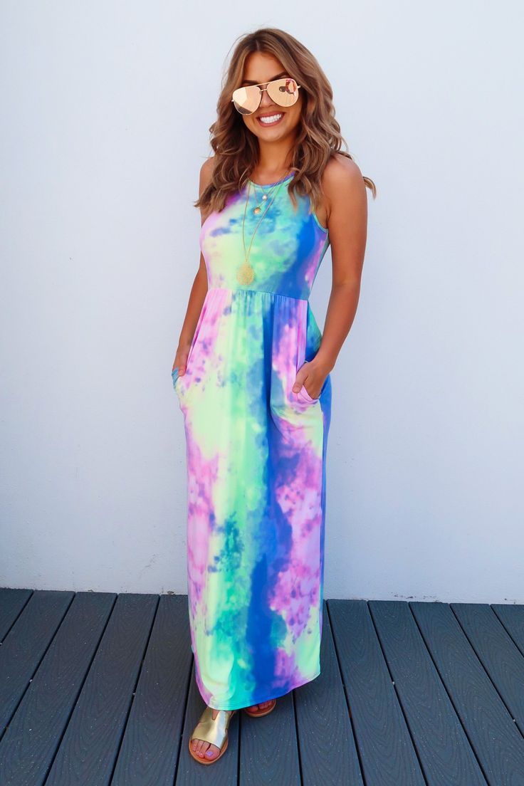 Share to save 10% on  your order instantly!  Cotton Candy Dreams Maxi: Multi Long Flowy Skirt, Tie Dye Maxi Dresses, Tie Dye Maxi, Round Neck Dresses, Polka Dress, Flowy Skirt, Evening Attire, Summer Maxi Dress, Glamorous Evening Gowns