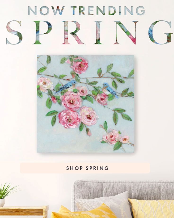 an advertisement for a spring sale with flowers on the wall and in the background is a couch