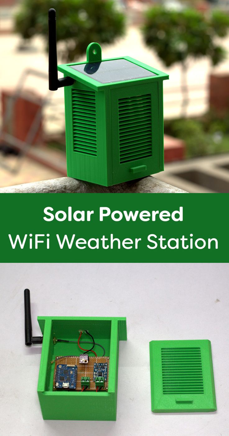 the solar powered wifi weather station is shown in two different views, and it's green