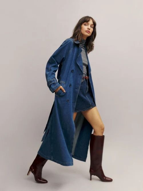 Hayes Denim Trench Coat - Sustainable Denim | Reformation Denim Outerwear With Belt Loops For Work, Fall Utility Jeans With Buttons, Utility Jeans With Buttons For Fall, Long Sleeve Denim Outerwear With Belt Loops, Denim Outerwear For Work, Casual Denim Outerwear With Belt Loops, Fall Denim Blue Rigid Denim Outerwear, Fall Washed Blue Jeans With Button Closure, Fall Utility Jeans With Button Closure