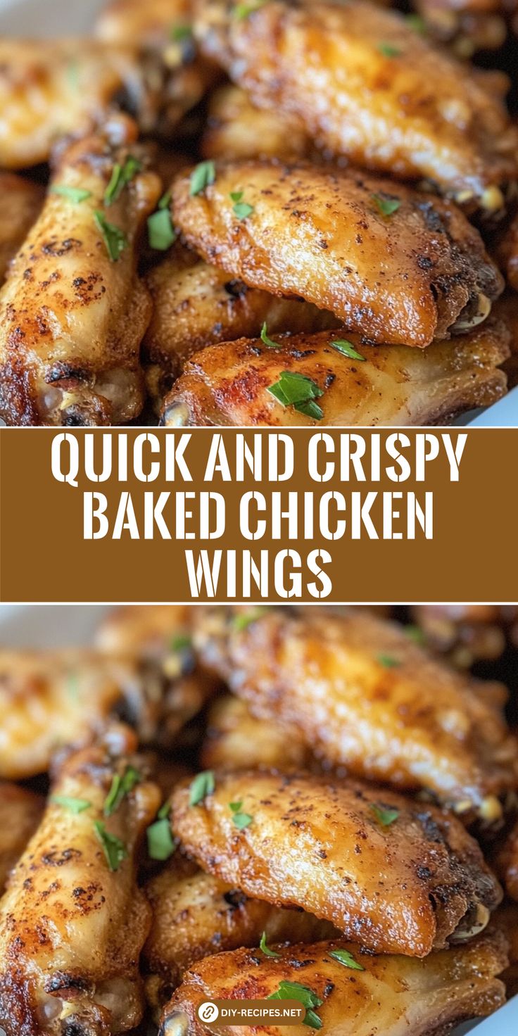 chicken wings with herbs on top and the words, quick and crispy baked chicken wings