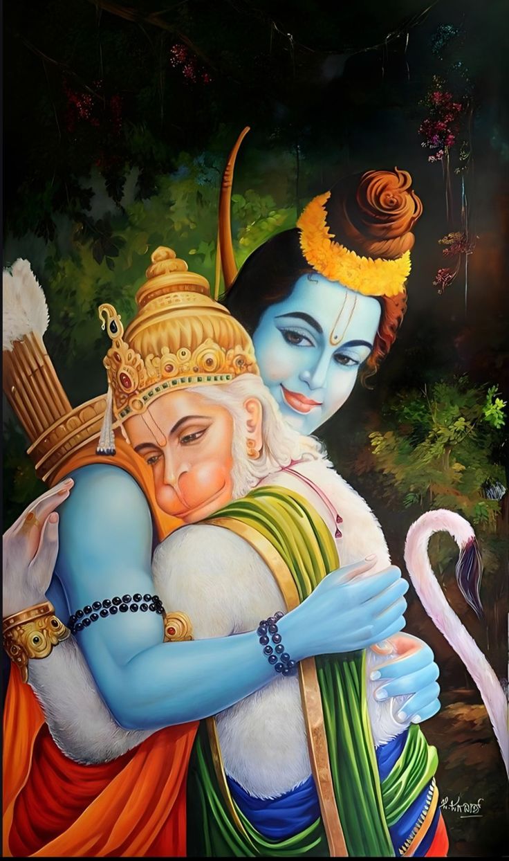 a painting of two people hugging each other