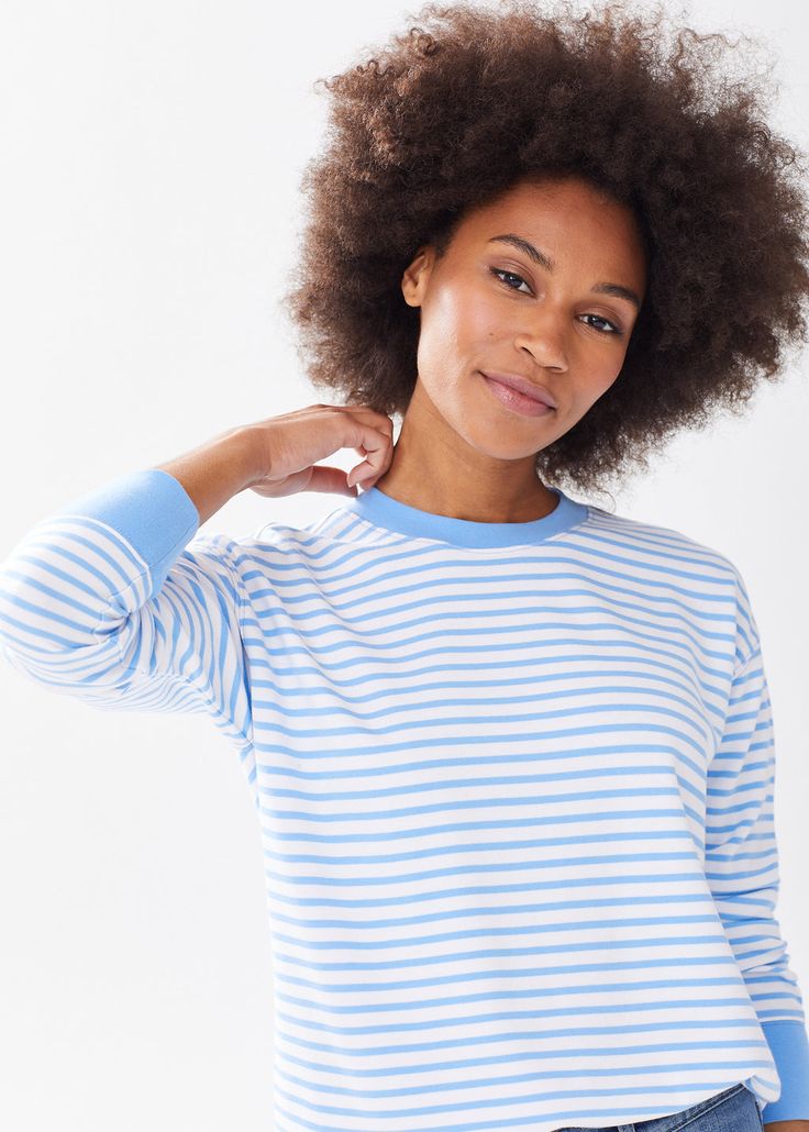 The Crewneck Sweatshirt - Striped Classic Striped Crew Neck T-shirt, Urban Crew Neck T-shirt With Stripes, Everyday Crew Neck T-shirt With Vertical Stripes, Everyday Horizontal Stripe Crew Neck T-shirt, Spring Staples, Blue Horizontal Stripe Cotton T-shirt, Wrap Sweater, Cotton Sweater, Sweater Shop